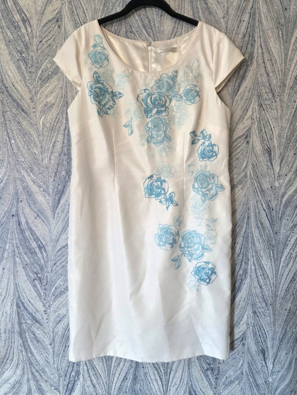 Jacques Vert Cream Women's Dress with Blue Rose Embroidery Size 12 petite
